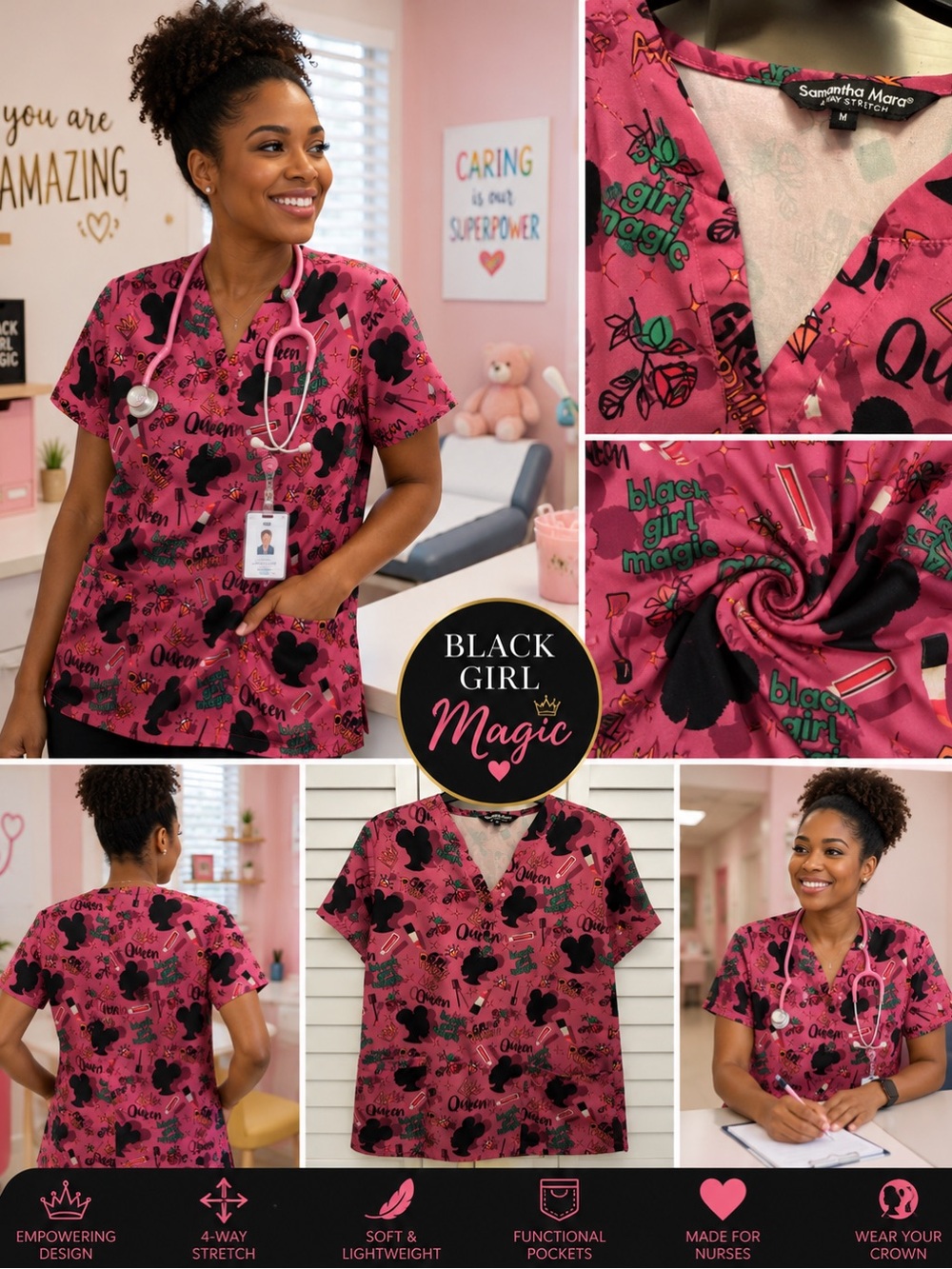 Samantha Mara Pink Scrub Top Medium Black Girl Magic 4 Way Stretch Y2K Nurse CNA
